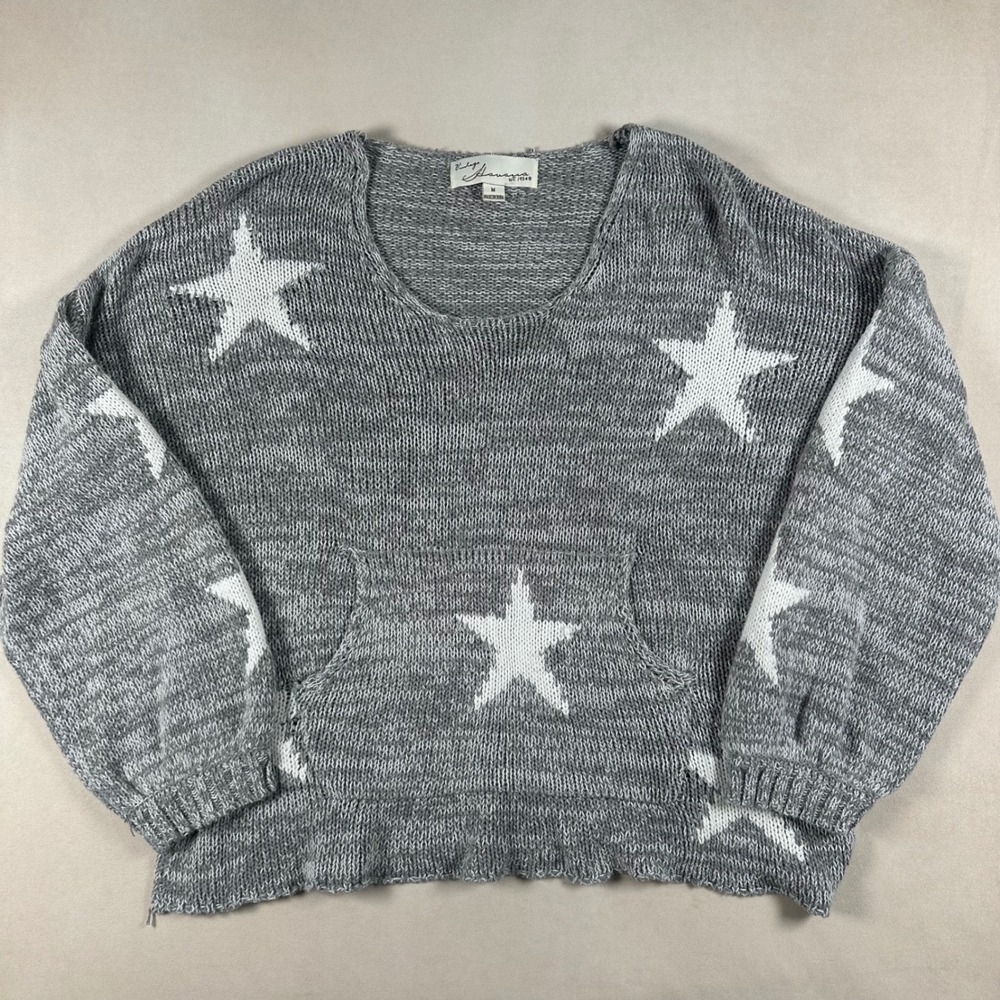 Vintage Havana Star Sweater Womens Medium CC9024 Grey Knit Kangaroo Pocket Slits